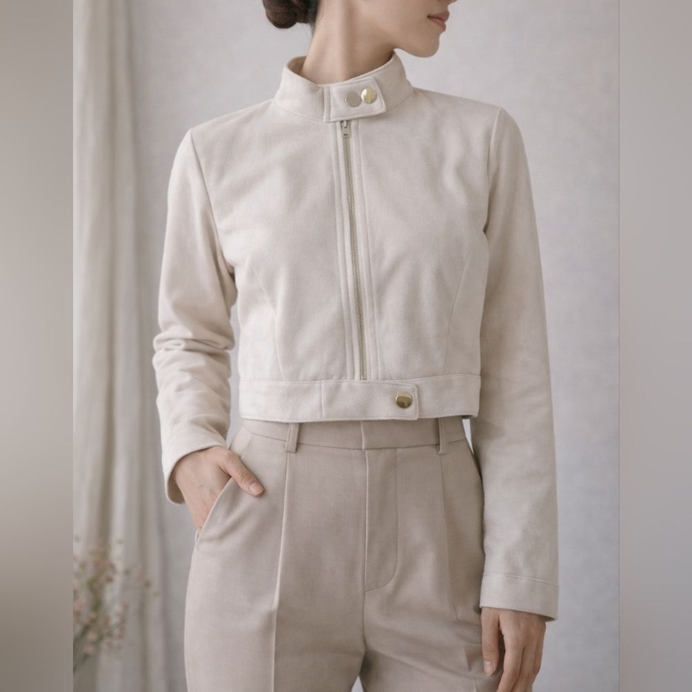 Cream Faux Suede Moto Jacket S Cropped Zip Front Snap Collar Minimalist Soft Nor